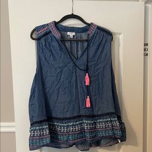 Navy Denim Blue Blouse with Pink Embroidery